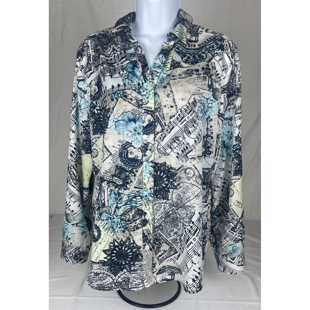 CHICOS WOMENS SIZE 1 TRAVEL PRINT BLOUSE PARIS MAP POSTCARD MUSIC NOTES BUTTON F